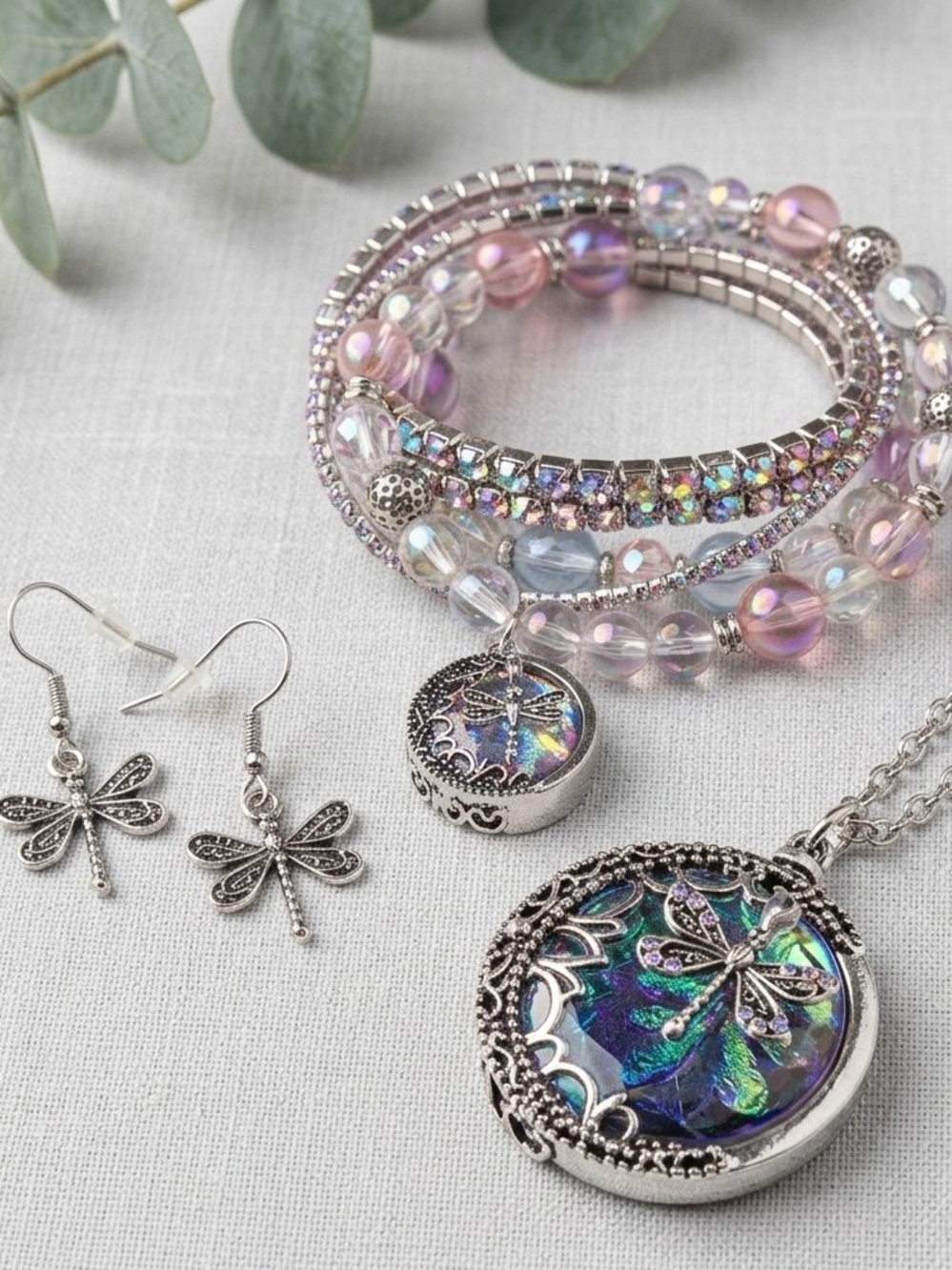 Iridescent Dragonfly Necklace Earringd and Bracelet Set